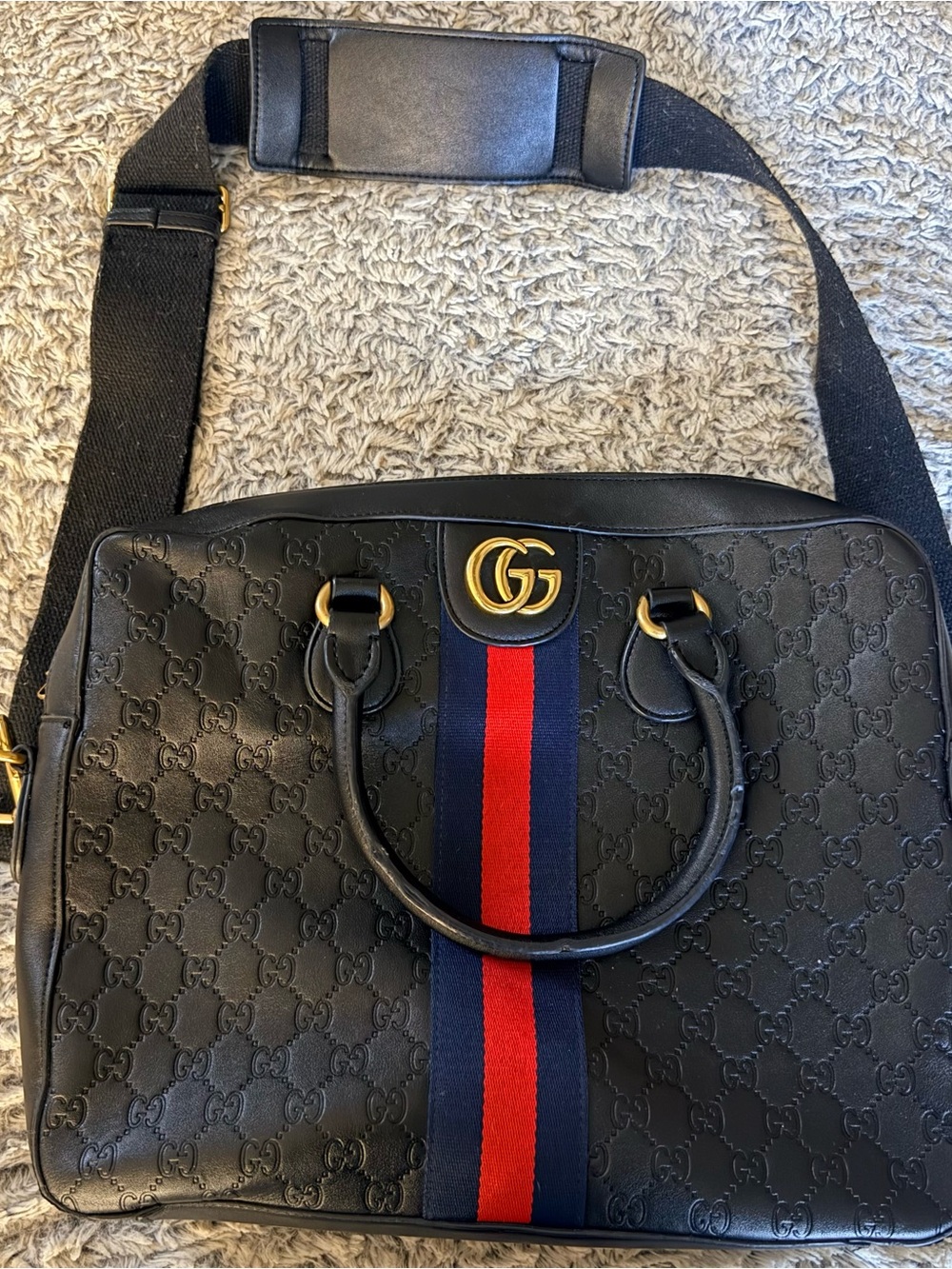 Black Leather Tote with Red & Blue Web Stripe